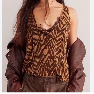 Free People NWT WTF Rebel Hearts Brown Combo Lace Trim Sleeveless Tank large